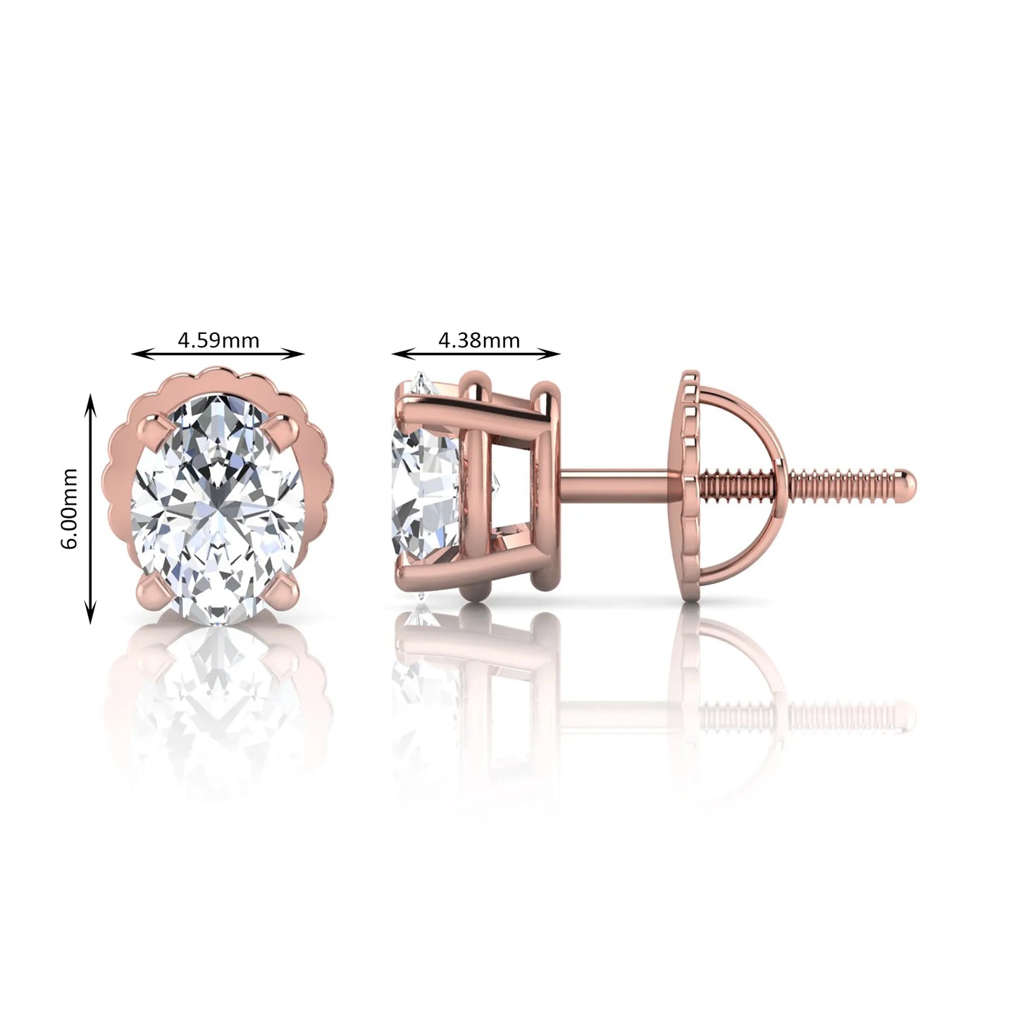 rose gold Oval cut lab grown diamond stud earrings with four prong setting and screw back closure