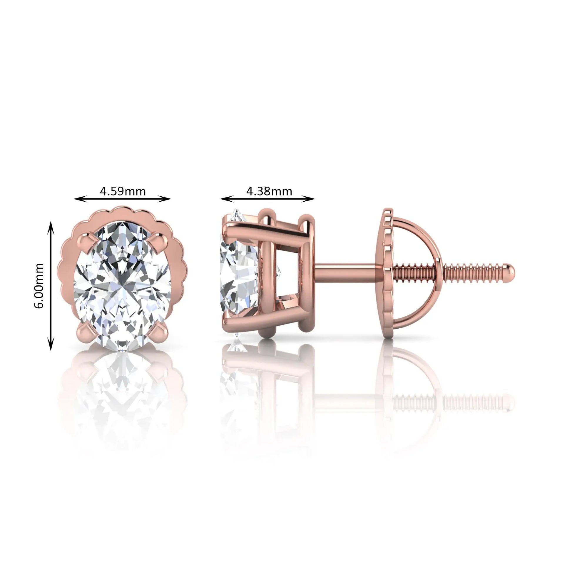 rose gold Oval cut lab grown diamond stud earrings with four prong setting and screw back closure