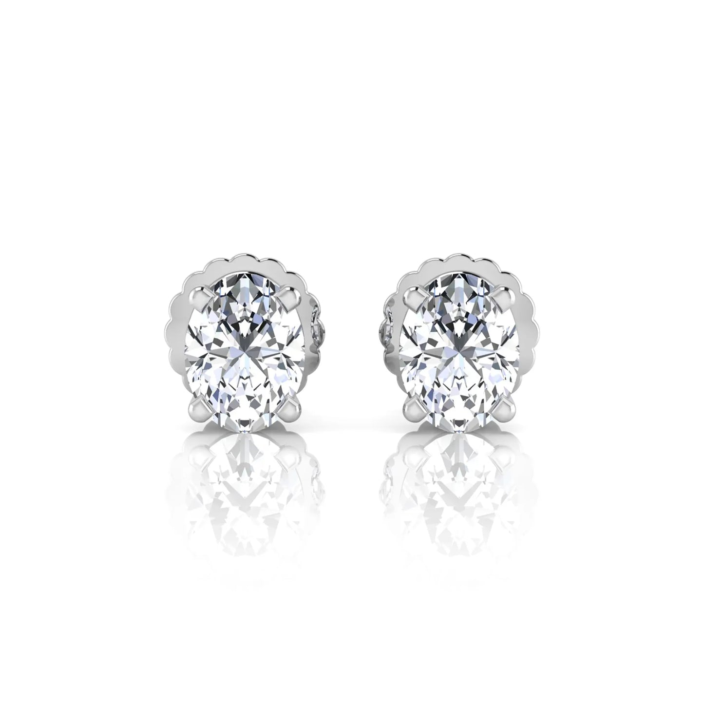white gold Oval cut lab grown diamond stud earrings with four prong setting and screw back closure