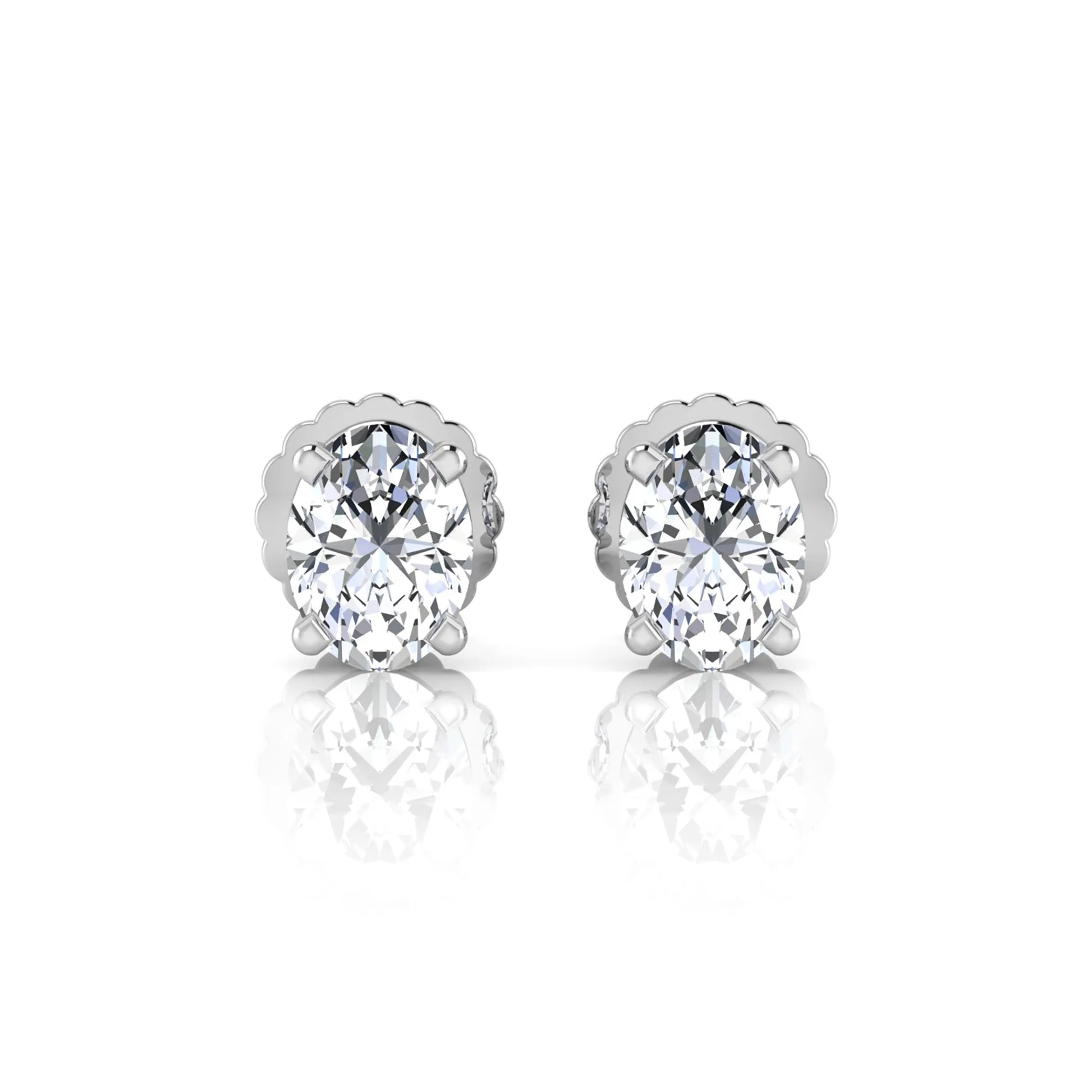 white gold Oval cut lab grown diamond stud earrings with four prong setting and screw back closure