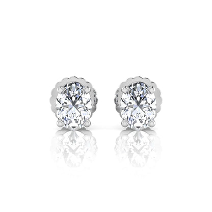 white gold Oval cut lab grown diamond stud earrings with four prong setting and screw back closure