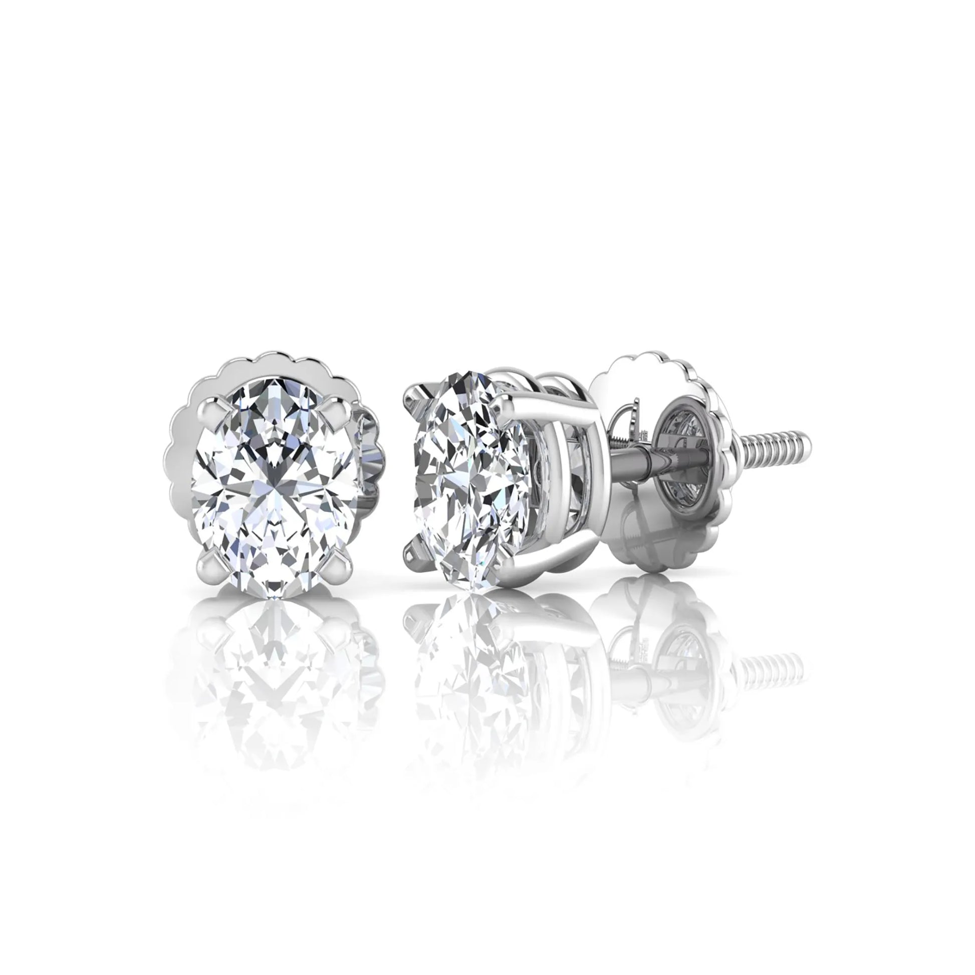 white gold Oval cut lab grown diamond stud earrings with four prong setting and screw back closure