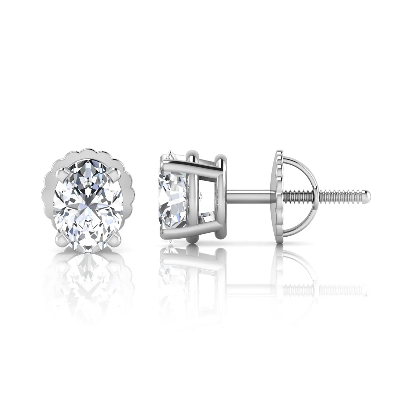 white gold Oval cut lab grown diamond stud earrings with four prong setting and screw back closure