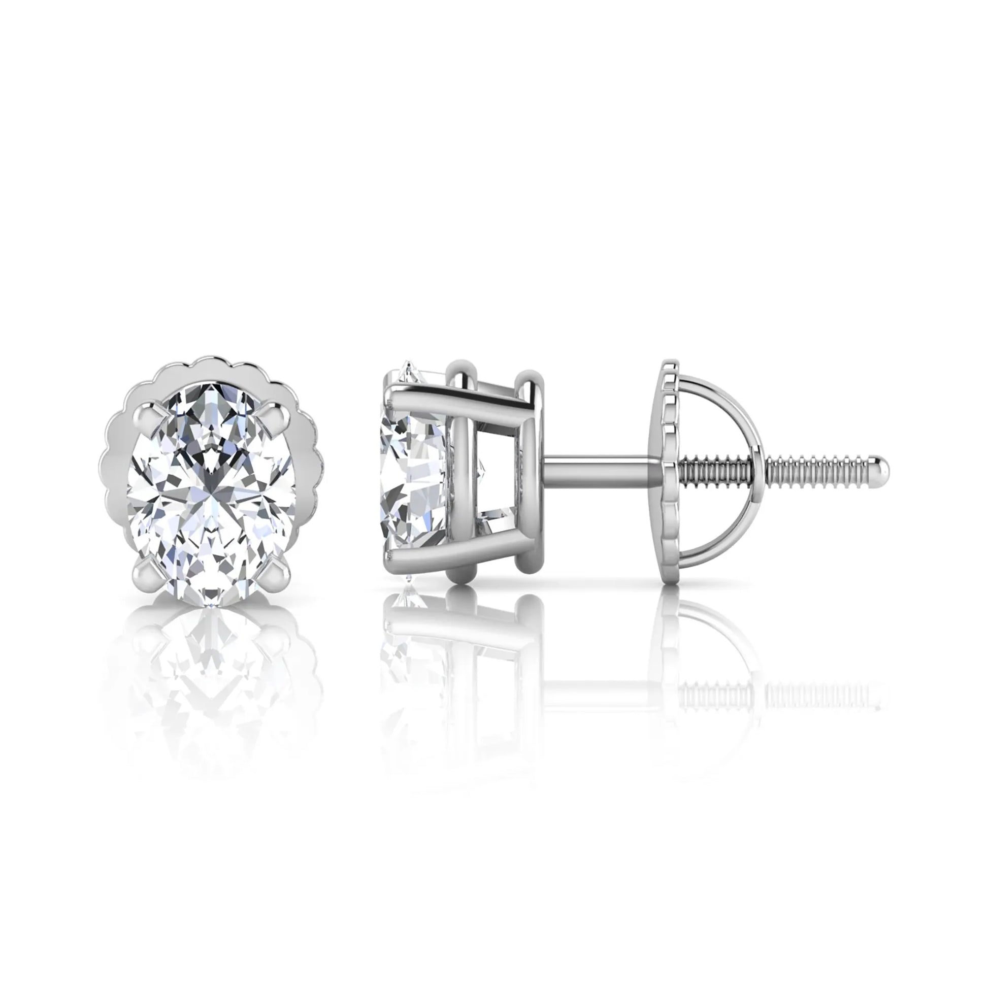 white gold Oval cut lab grown diamond stud earrings with four prong setting and screw back closure