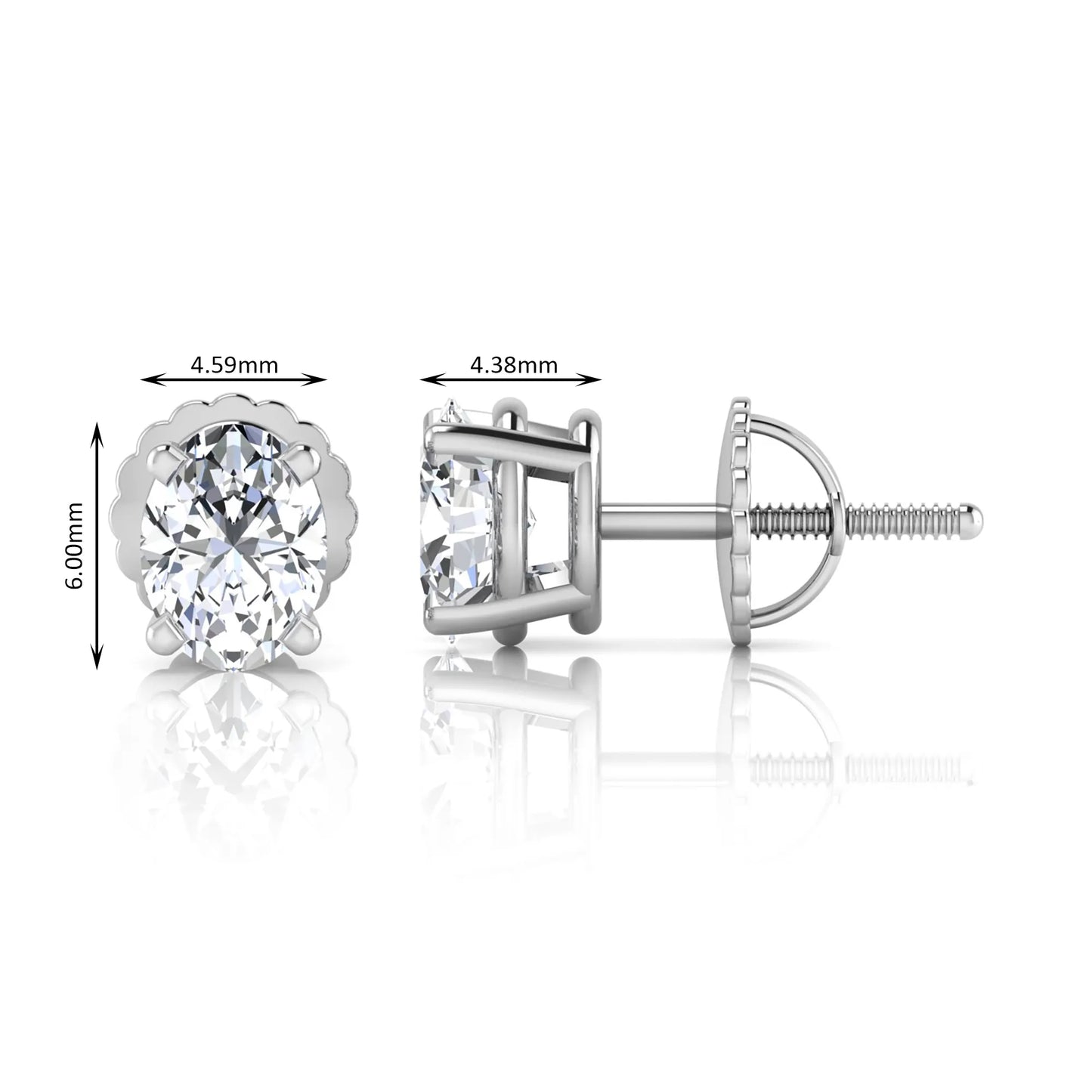 white gold Oval cut lab grown diamond stud earrings with four prong setting and screw back closure