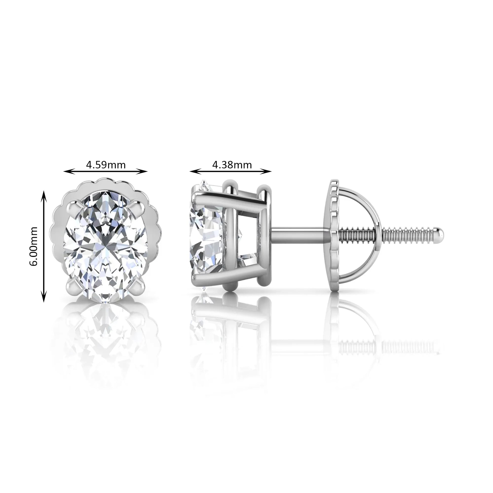 white gold Oval cut lab grown diamond stud earrings with four prong setting and screw back closure