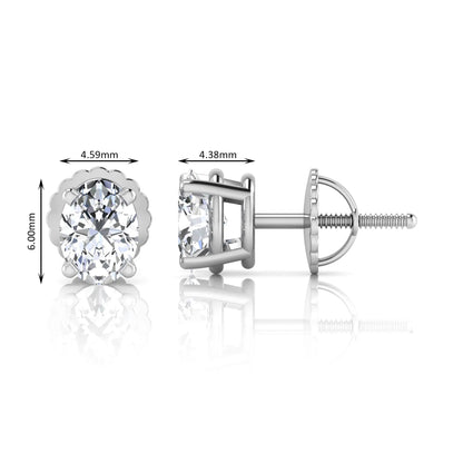 white gold Oval cut lab grown diamond stud earrings with four prong setting and screw back closure