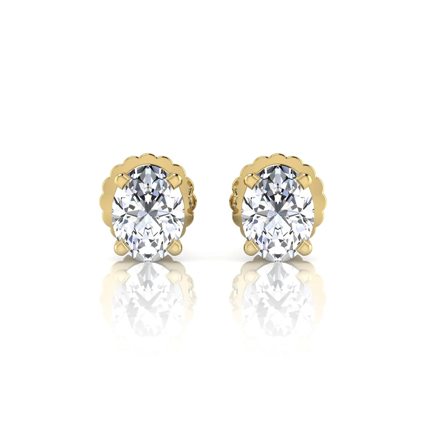 yellow gold Oval cut lab grown diamond stud earrings with four prong setting and screw back closure
