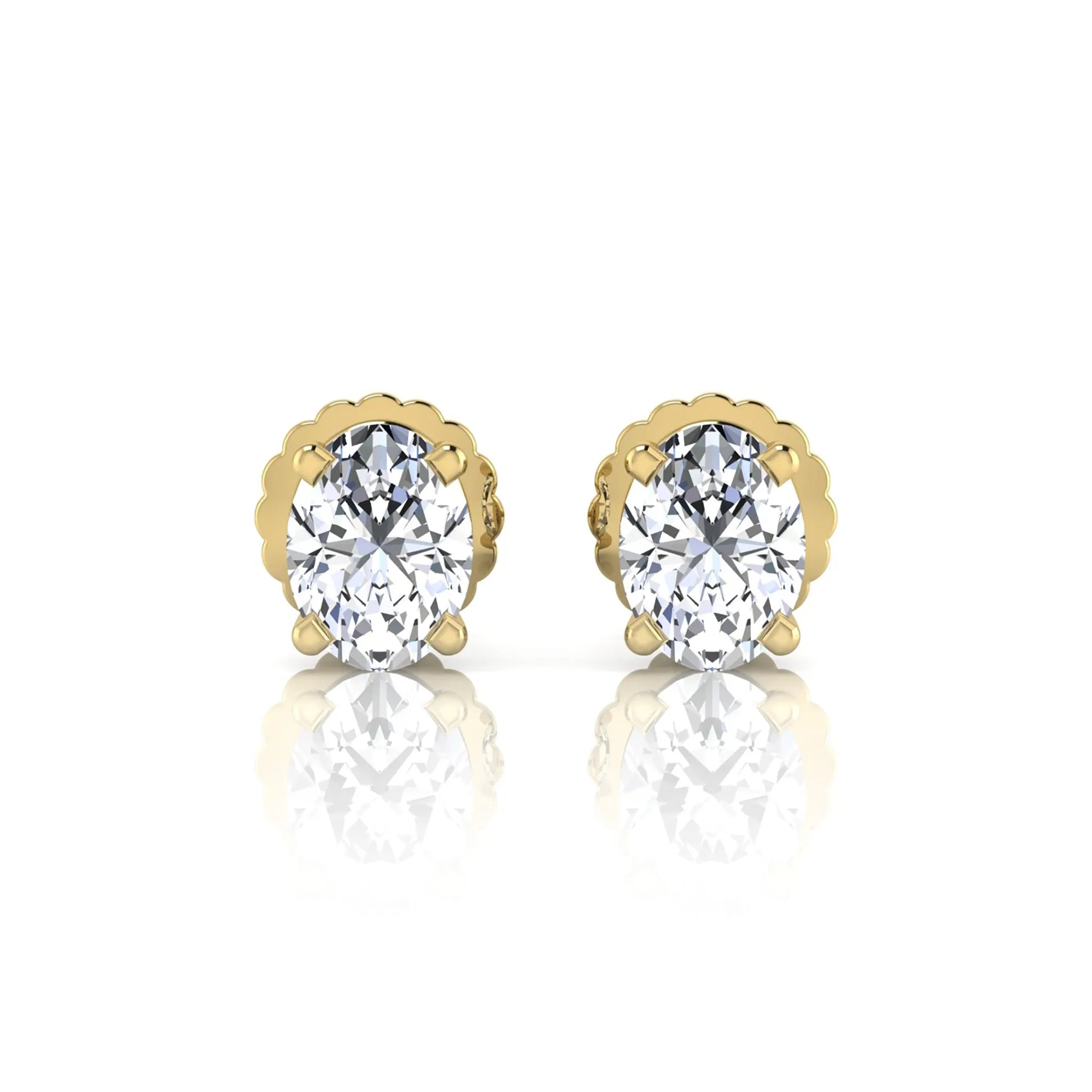 yellow gold Oval cut lab grown diamond stud earrings with four prong setting and screw back closure