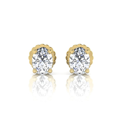 yellow gold Oval cut lab grown diamond stud earrings with four prong setting and screw back closure
