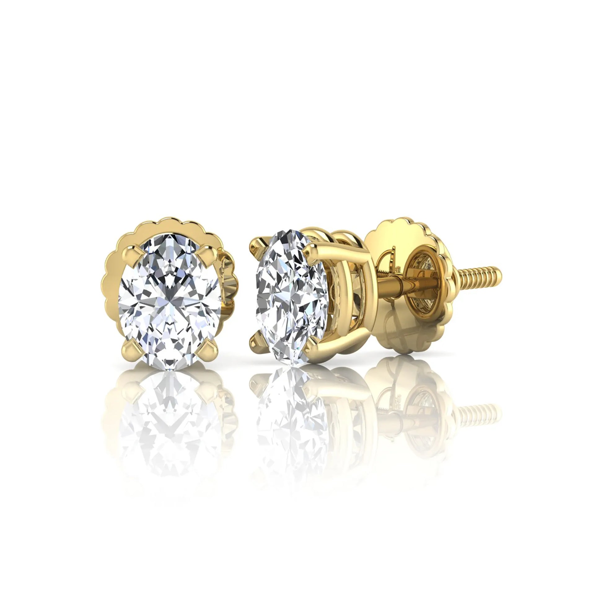 yellow gold Oval cut lab grown diamond stud earrings with four prong setting and screw back closure