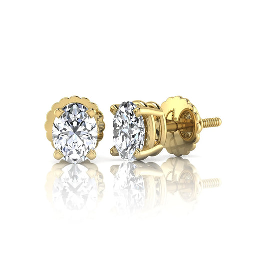 yellow gold Oval cut lab grown diamond stud earrings with four prong setting and screw back closure