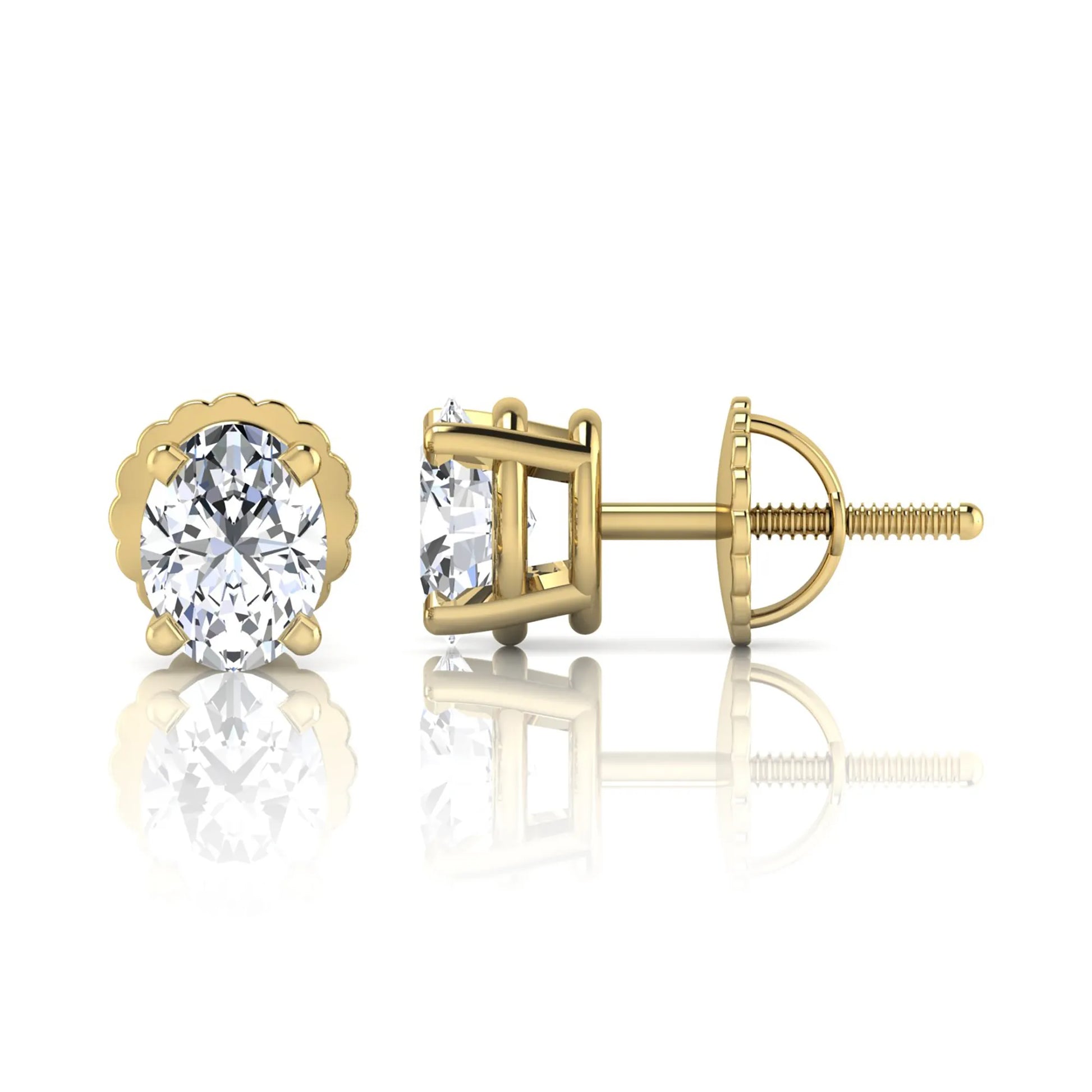 yellow gold Oval cut lab grown diamond stud earrings with four prong setting and screw back closure
