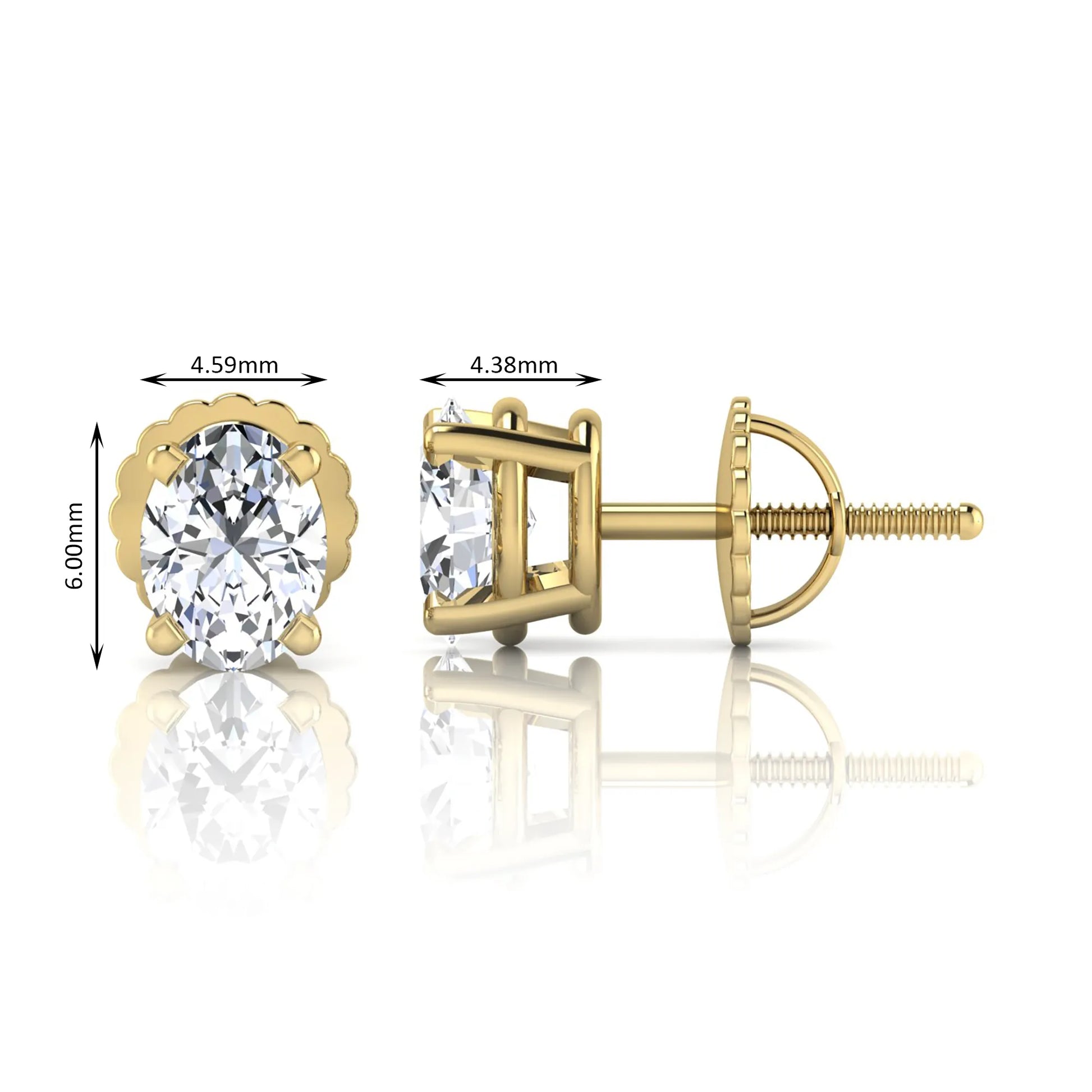 yellow gold Oval cut lab grown diamond stud earrings with four prong setting and screw back closure