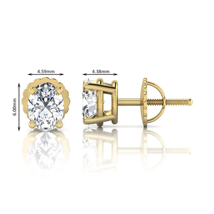 yellow gold Oval cut lab grown diamond stud earrings with four prong setting and screw back closure