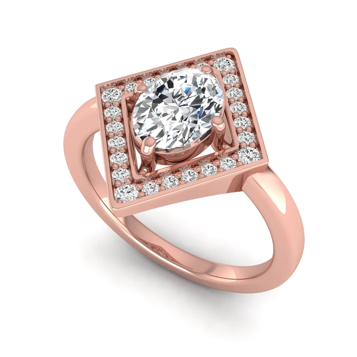 Oval cut lab grown diamond engagement ring with a geometric diamond halo in a rose gold setting