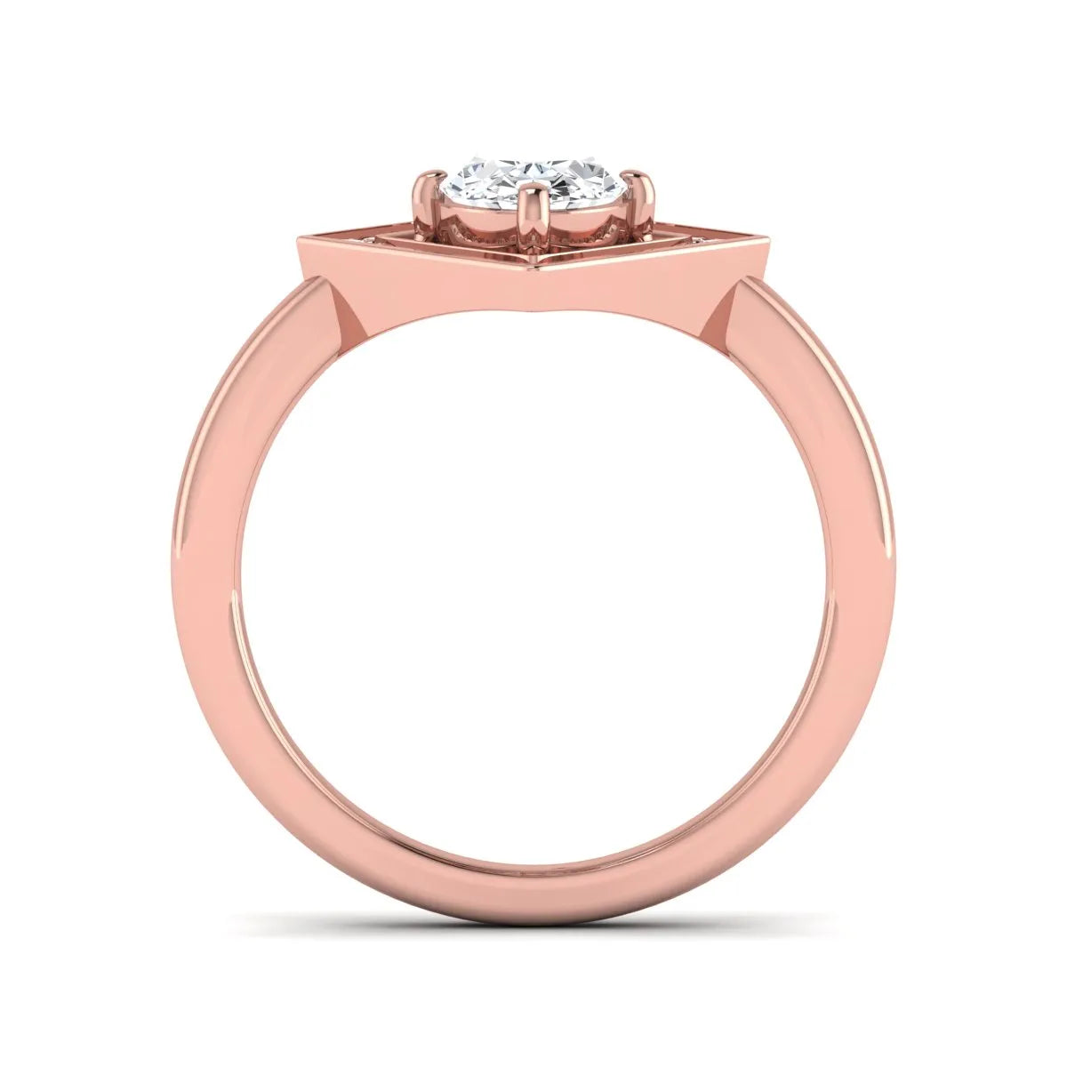 Oval cut lab grown diamond engagement ring with a geometric diamond halo in a rose gold setting