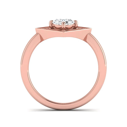 Oval cut lab grown diamond engagement ring with a geometric diamond halo in a rose gold setting