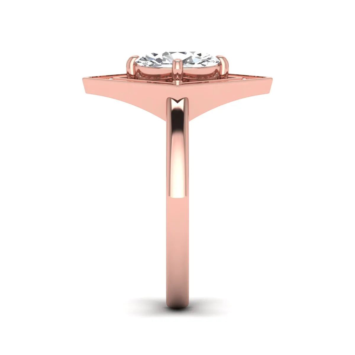 Oval cut lab grown diamond engagement ring with a geometric diamond halo in a rose gold setting