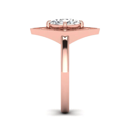 Oval cut lab grown diamond engagement ring with a geometric diamond halo in a rose gold setting