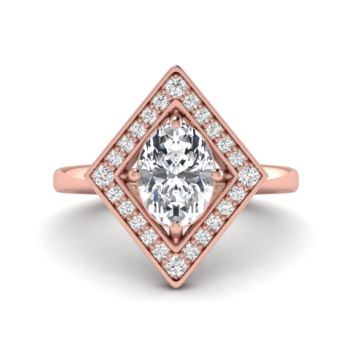 Oval cut lab grown diamond engagement ring with a geometric diamond halo in a rose gold setting