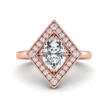 Oval cut lab grown diamond engagement ring with a geometric diamond halo in a rose gold setting