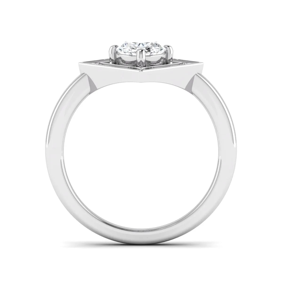 Oval cut lab grown diamond engagement ring with a geometric diamond halo in a white gold setting