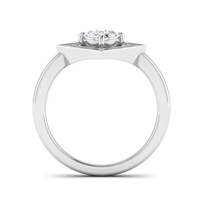 Oval cut lab grown diamond engagement ring with a geometric diamond halo in a white gold setting
