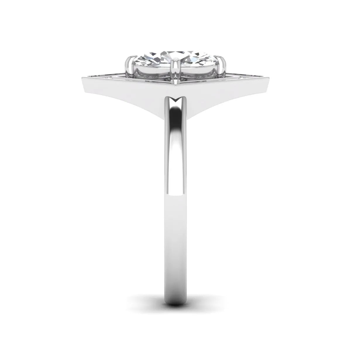 Oval cut lab grown diamond engagement ring with a geometric diamond halo in a white gold setting