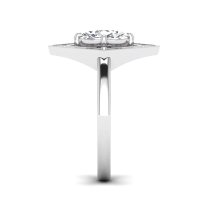 Oval cut lab grown diamond engagement ring with a geometric diamond halo in a white gold setting