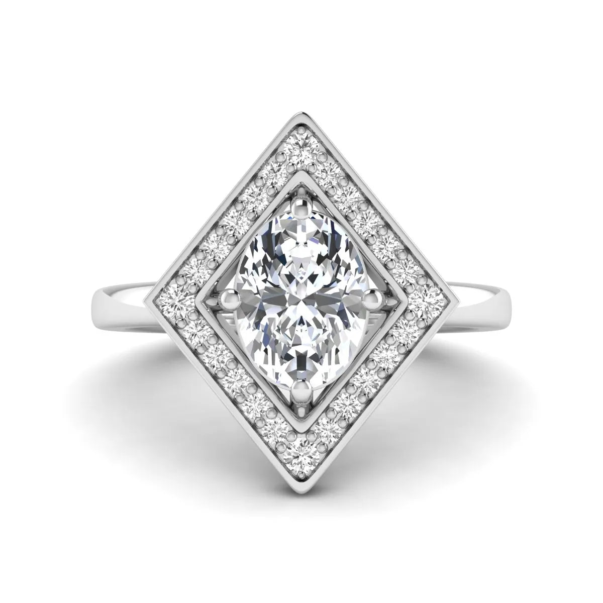Oval cut lab grown diamond engagement ring with a geometric diamond halo in a white gold setting