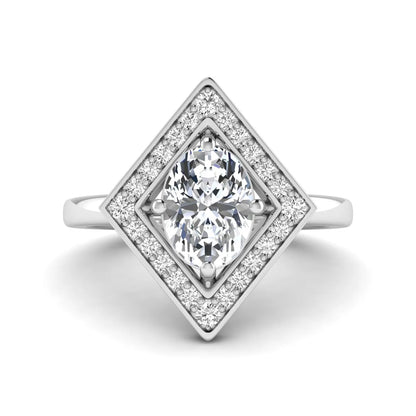 Oval cut lab grown diamond engagement ring with a geometric diamond halo in a white gold setting