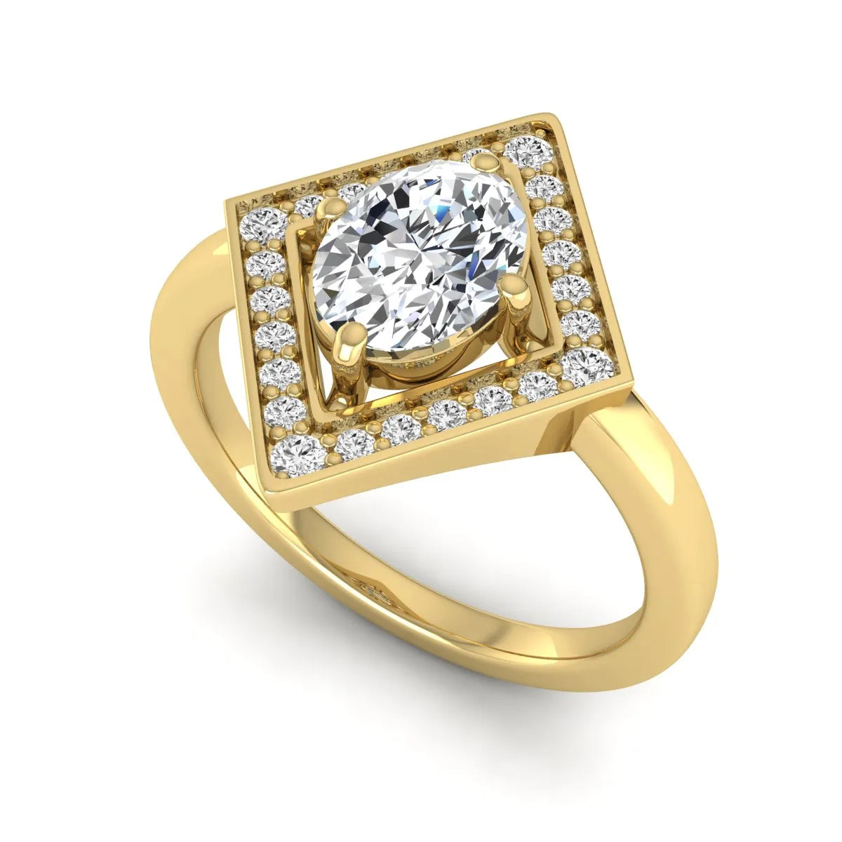 Oval cut lab grown diamond engagement ring with a geometric diamond halo in a yellow gold setting