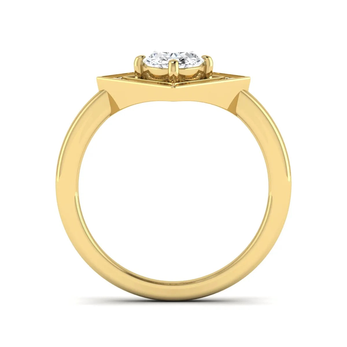 Oval cut lab grown diamond engagement ring with a geometric diamond halo in a yellow gold setting