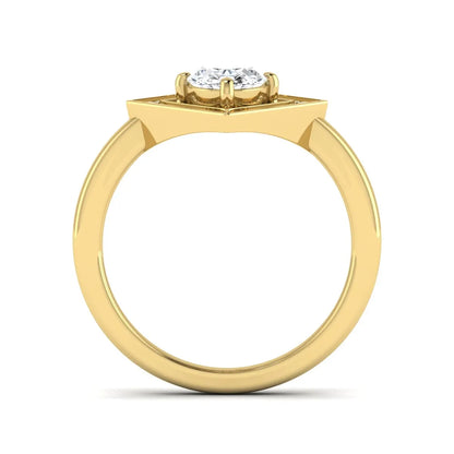 Oval cut lab grown diamond engagement ring with a geometric diamond halo in a yellow gold setting