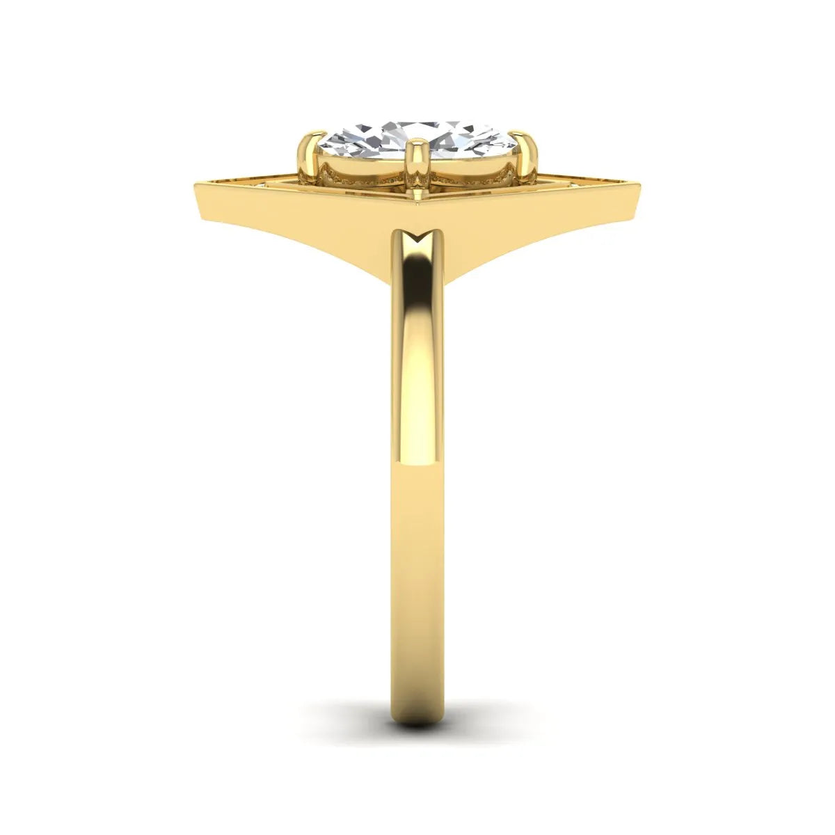 Oval cut lab grown diamond engagement ring with a geometric diamond halo in a yellow gold setting