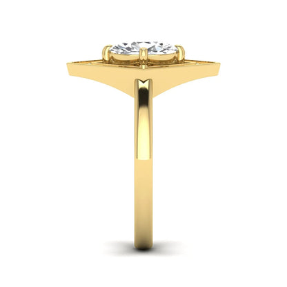 Oval cut lab grown diamond engagement ring with a geometric diamond halo in a yellow gold setting