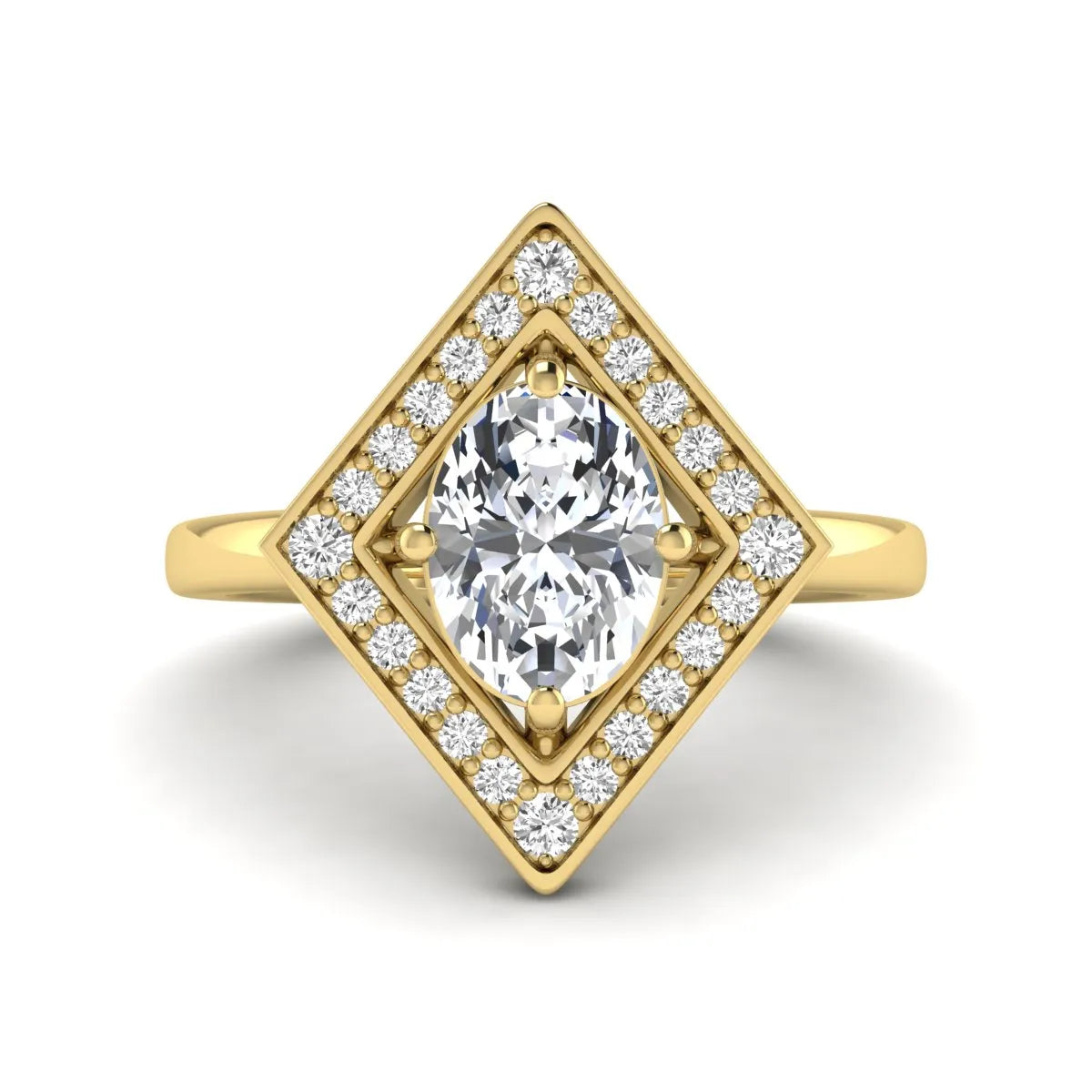 Oval cut lab grown diamond engagement ring with a geometric diamond halo in a yellow gold setting