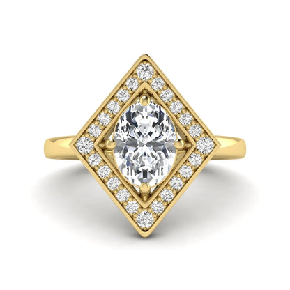 Oval cut lab grown diamond engagement ring with a geometric diamond halo in a yellow gold setting
