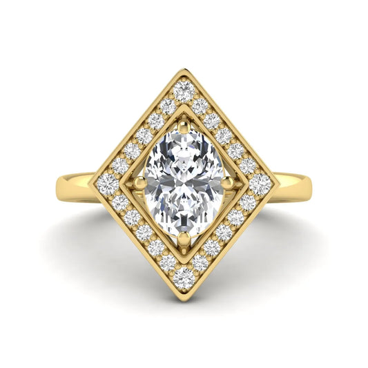 Oval cut lab grown diamond engagement ring with a geometric diamond halo in a yellow gold setting