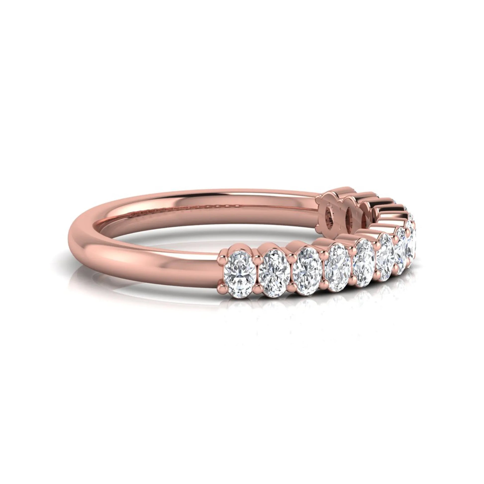 Oval cut lab grown diamond half eternity wedding band in rose gold tone