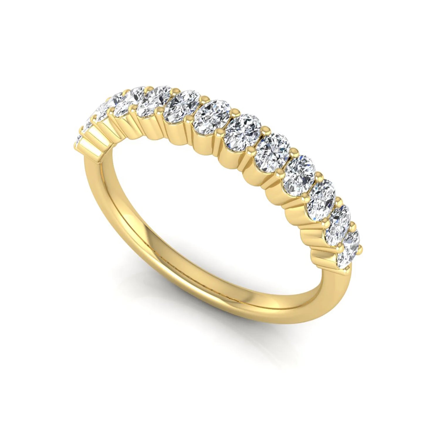 Oval cut lab grown diamond half eternity wedding band in yellow gold tone