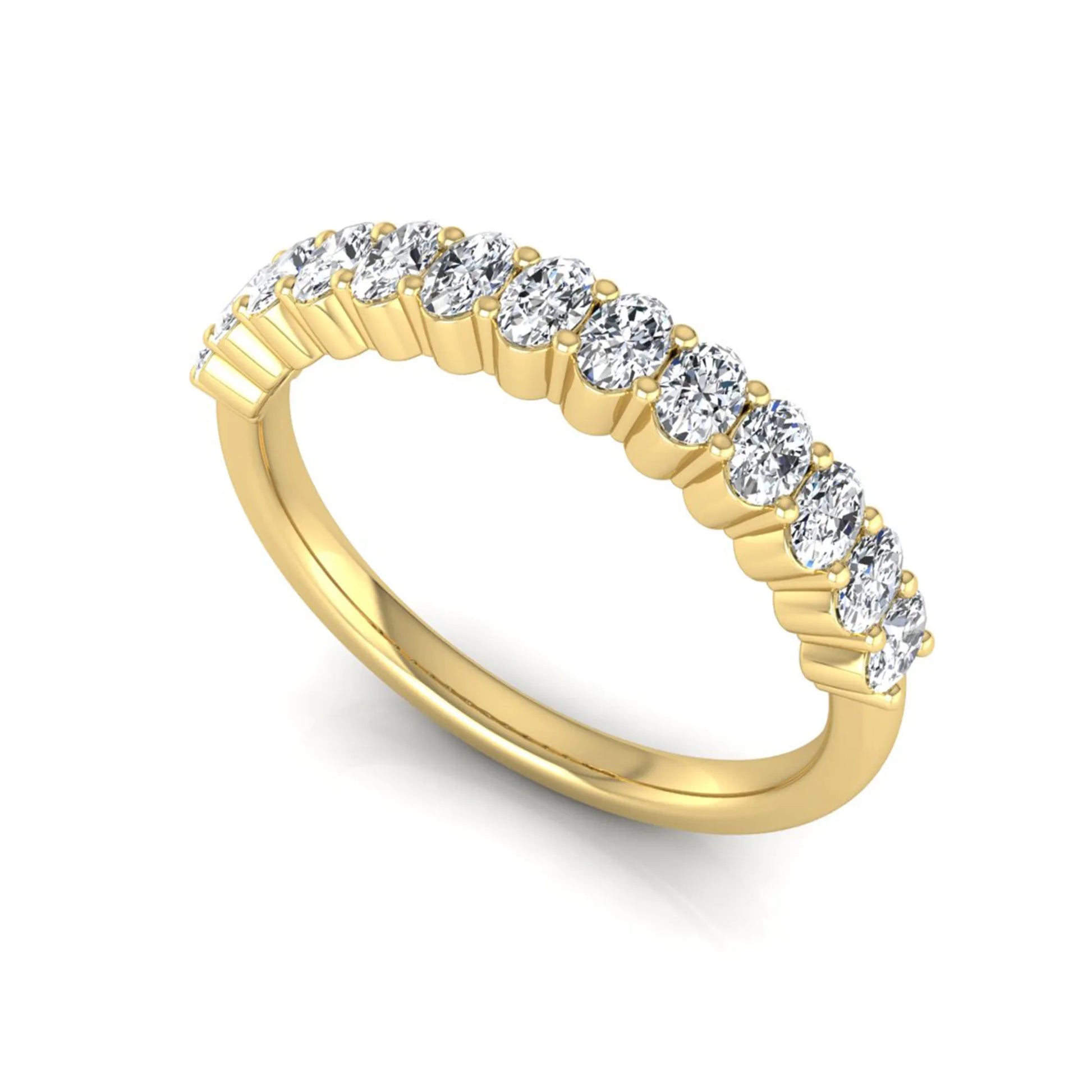 Oval cut lab grown diamond half eternity wedding band in yellow gold tone