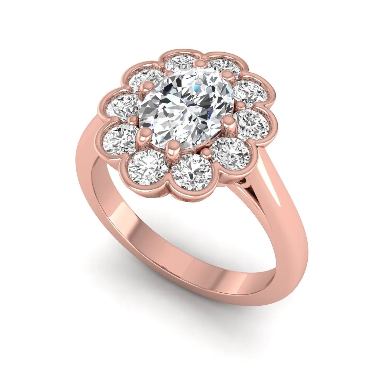 Oval cut lab grown diamond engagement ring with round diamond floral halo in rose gold design