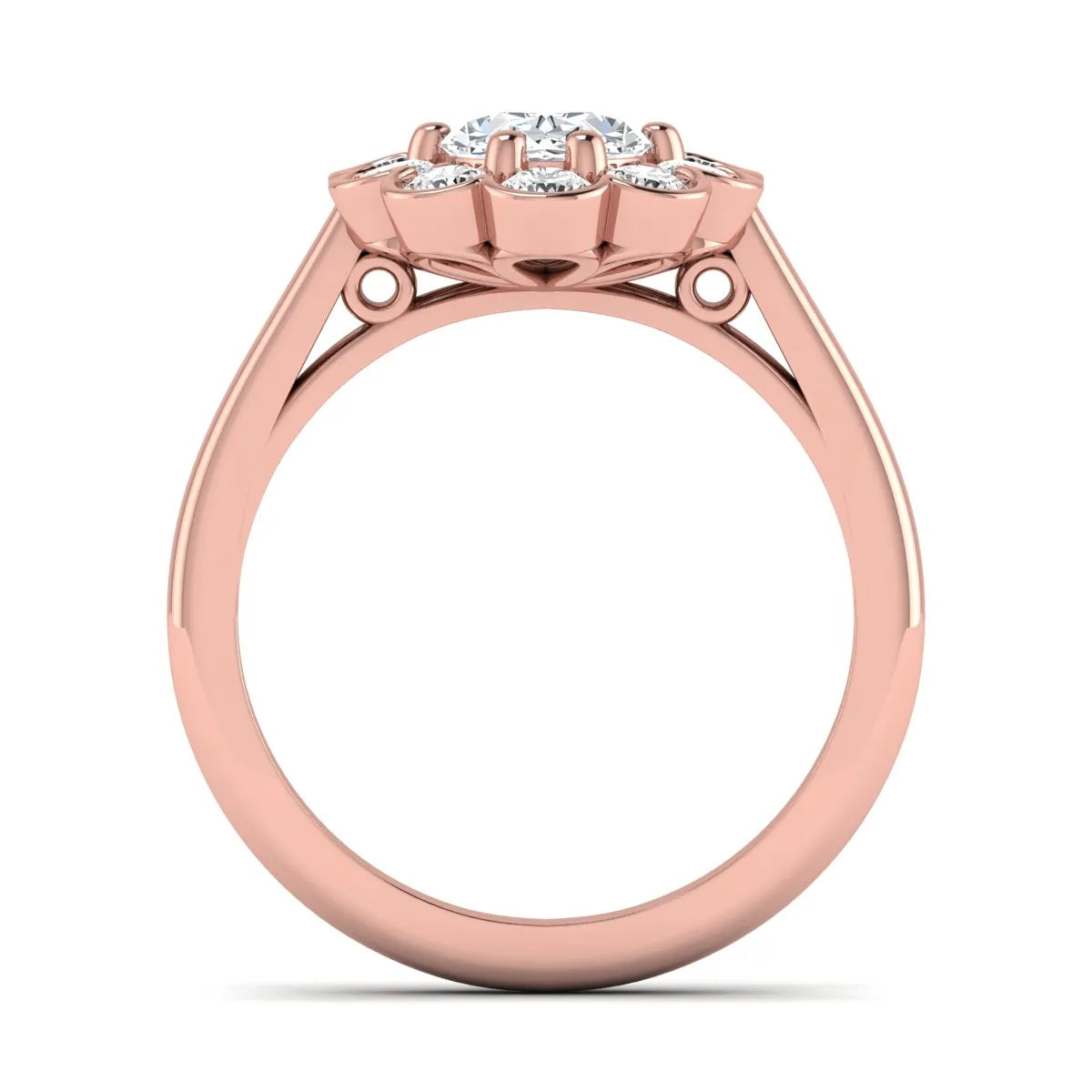 Oval cut lab grown diamond engagement ring with round diamond floral halo in rose gold design