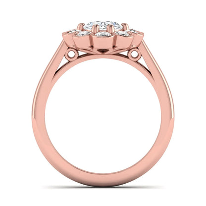 Oval cut lab grown diamond engagement ring with round diamond floral halo in rose gold design