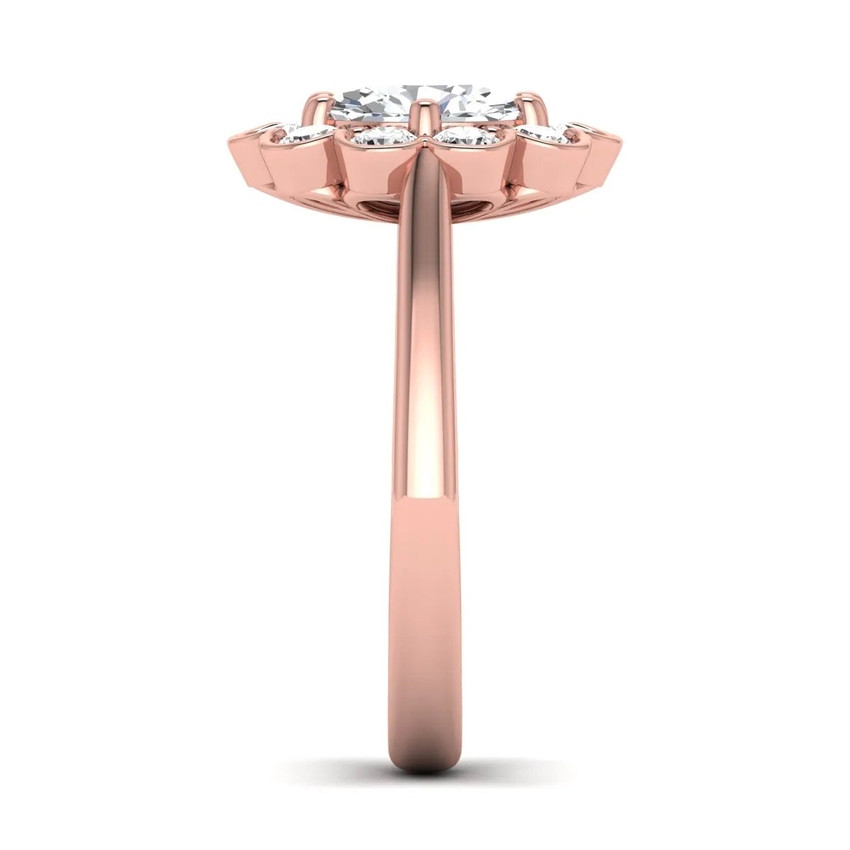 Oval cut lab grown diamond engagement ring with round diamond floral halo in rose gold design