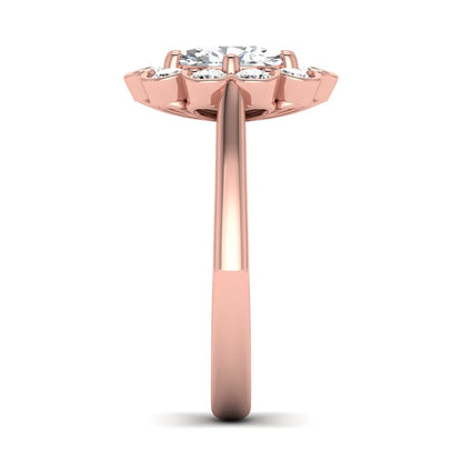 Oval cut lab grown diamond engagement ring with round diamond floral halo in rose gold design