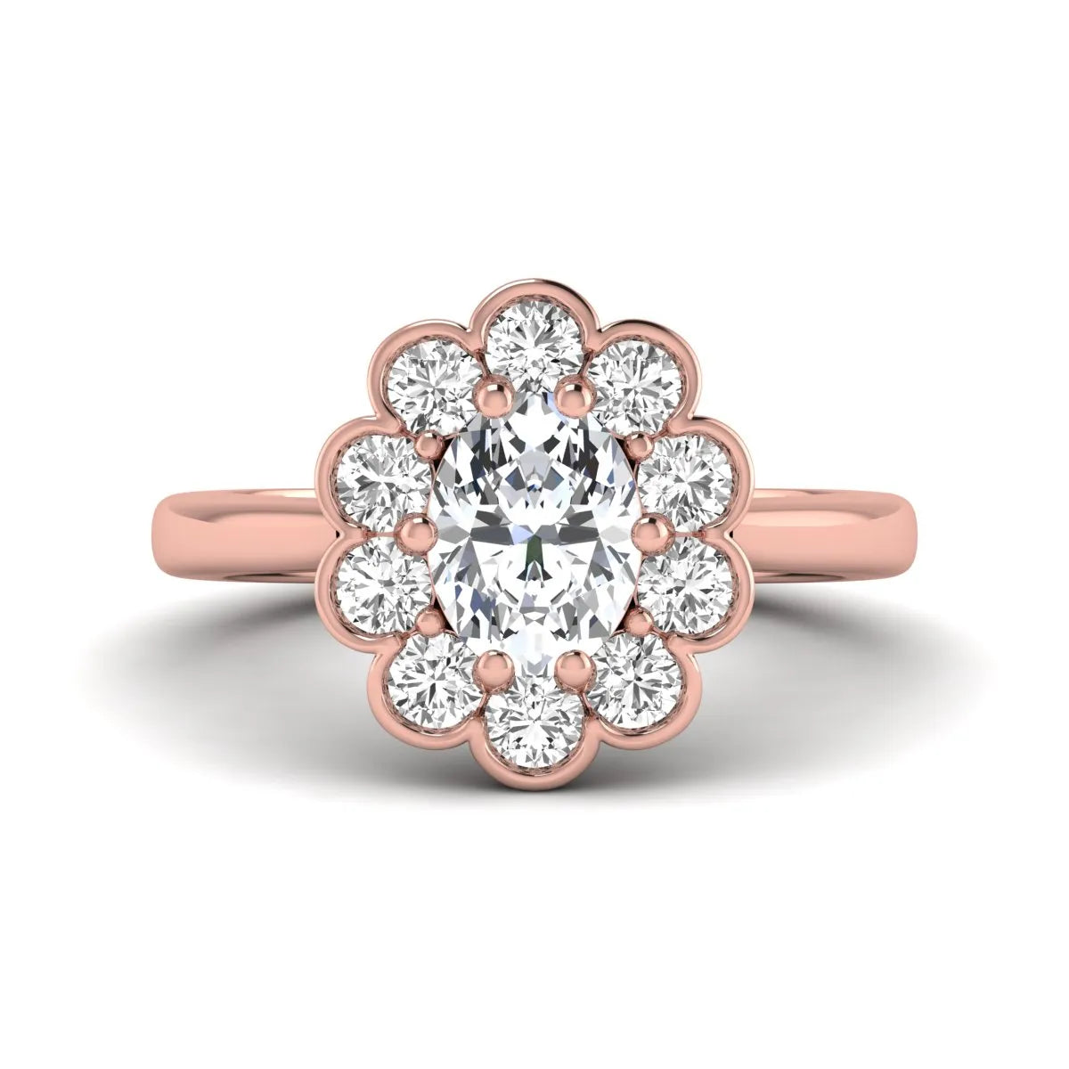 Oval cut lab grown diamond engagement ring with round diamond floral halo in rose gold design