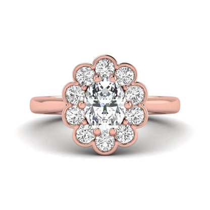 Oval cut lab grown diamond engagement ring with round diamond floral halo in rose gold design